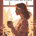 Illustration of a woman standing by a bright morning window holding a cup of coffee, soft golden sunrise light shining in. Warm, positive morning atmosphere with gentle highlights, cozy interior setting with plants and soft shadows. Modern semi-flat digital illustration style with smooth lines and soft gradients. Vertical Pinterest layout 1000x1500, high resolution. Large clean space on the right side for text. Add this text on the image: “30 Positive Morning Quotes to Start Your Day Strong”