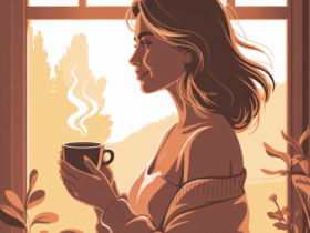 Illustration of a woman standing by a bright morning window holding a cup of coffee, soft golden sunrise light shining in. Warm, positive morning atmosphere with gentle highlights, cozy interior setting with plants and soft shadows. Modern semi-flat digital illustration style with smooth lines and soft gradients. Vertical Pinterest layout 1000x1500, high resolution. Large clean space on the right side for text. Add this text on the image: “30 Positive Morning Quotes to Start Your Day Strong”