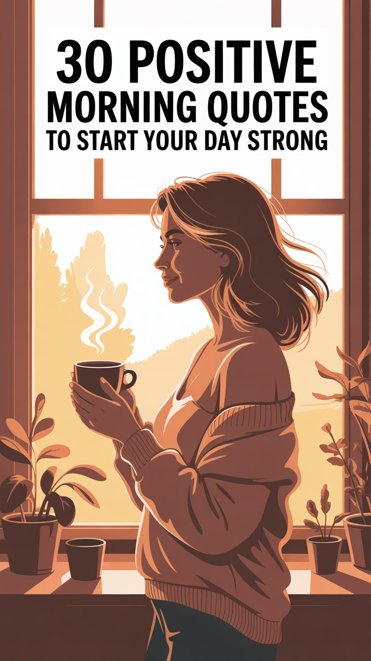 Illustration of a woman standing by a bright morning window holding a cup of coffee, soft golden sunrise light shining in. Warm, positive morning atmosphere with gentle highlights, cozy interior setting with plants and soft shadows. Modern semi-flat digital illustration style with smooth lines and soft gradients. Vertical Pinterest layout 1000x1500, high resolution. Large clean space on the right side for text. Add this text on the image: “30 Positive Morning Quotes to Start Your Day Strong”